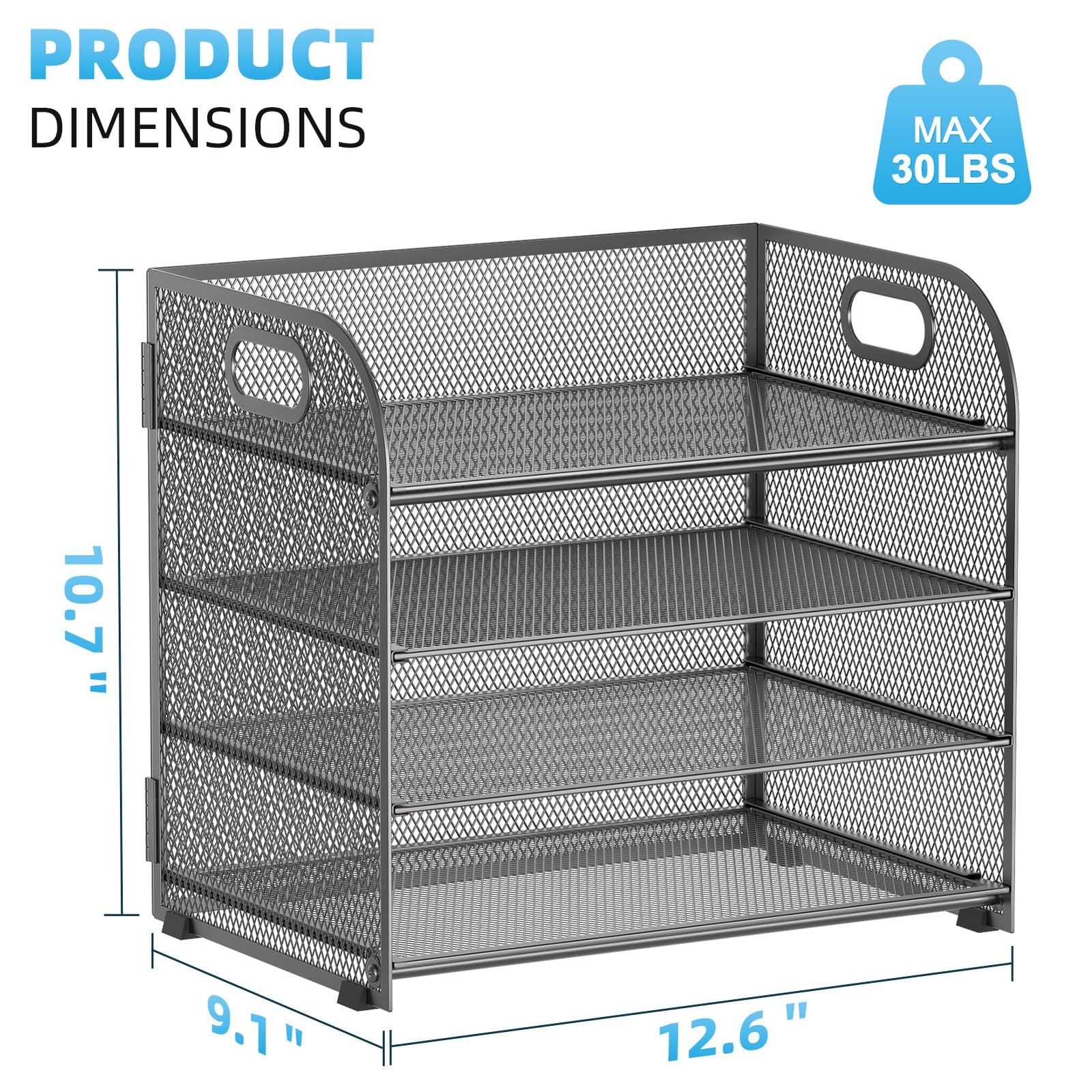 4 Tier Grey Mesh Paper Organizer, 12.6 x 9.1 x 10.7, Handle, File Sorter