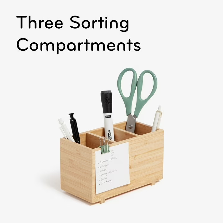 U Brands Zen Bamboo Desktop Organizer 3 Compartment Wood Pen Pencil Holder Tray