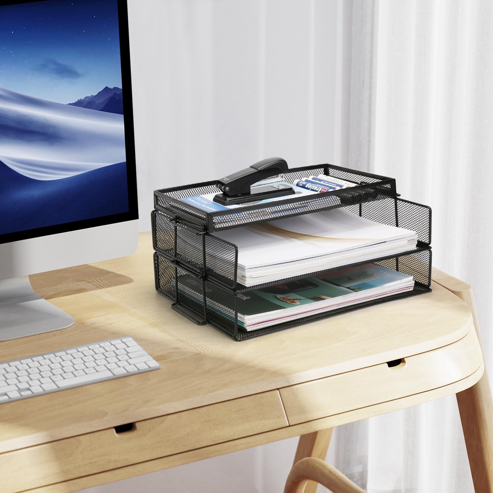 OUTFANDIA Office Drawer Organizer, 2 Tiers Stackable Paper Tray Black