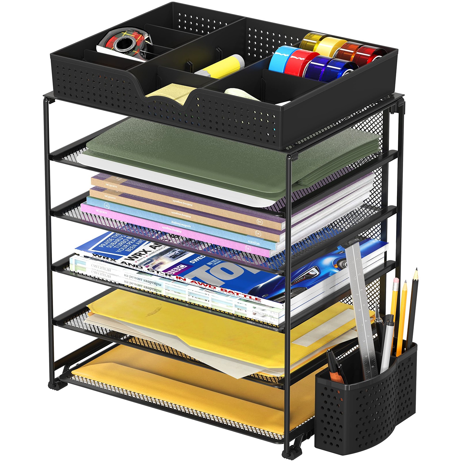 5-Tier Document File Tray with Sliding Drawer and Pen Bucket, Black