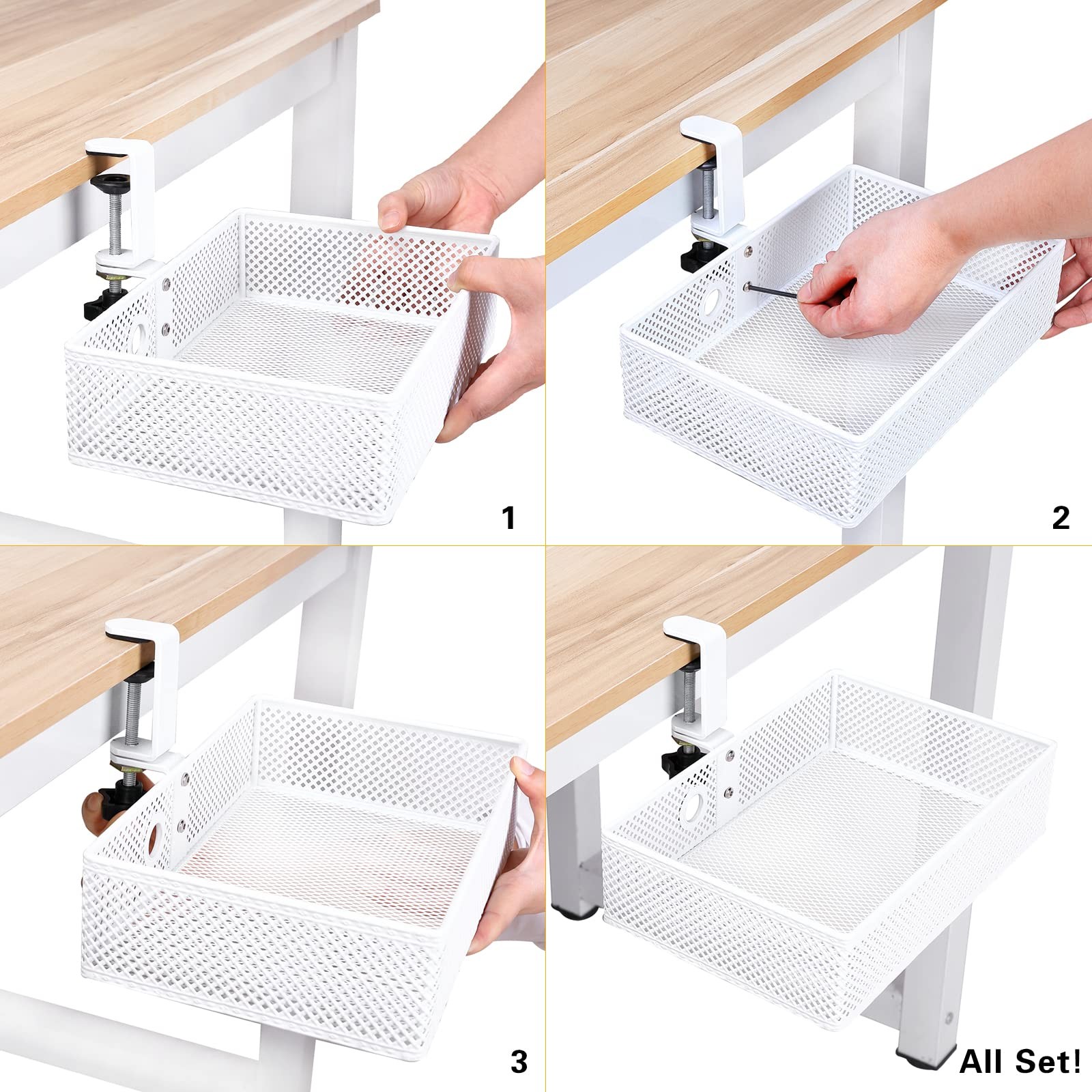 Clamp~On Mesh Desk Organizer with Swivel Pencil Drawer, White