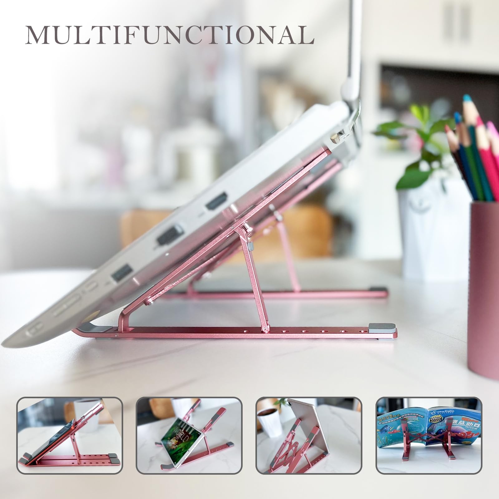 EFFICOM Laptop Stand for Desk, Ergonomic Lap Riser, Portable Pink