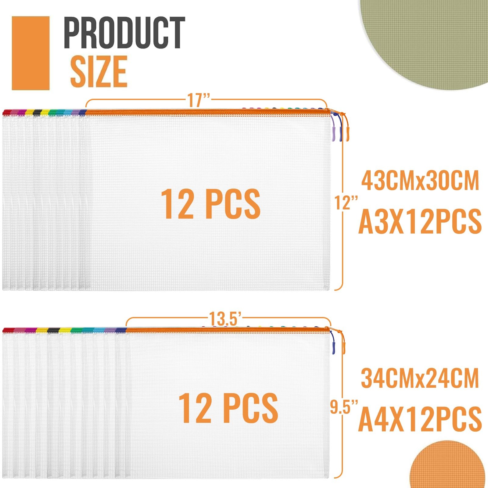 24pcs Mesh Zipper Pouch Bags, 12 Colors Extra Large 12PCS A3 and 12pcs A4, Pu…