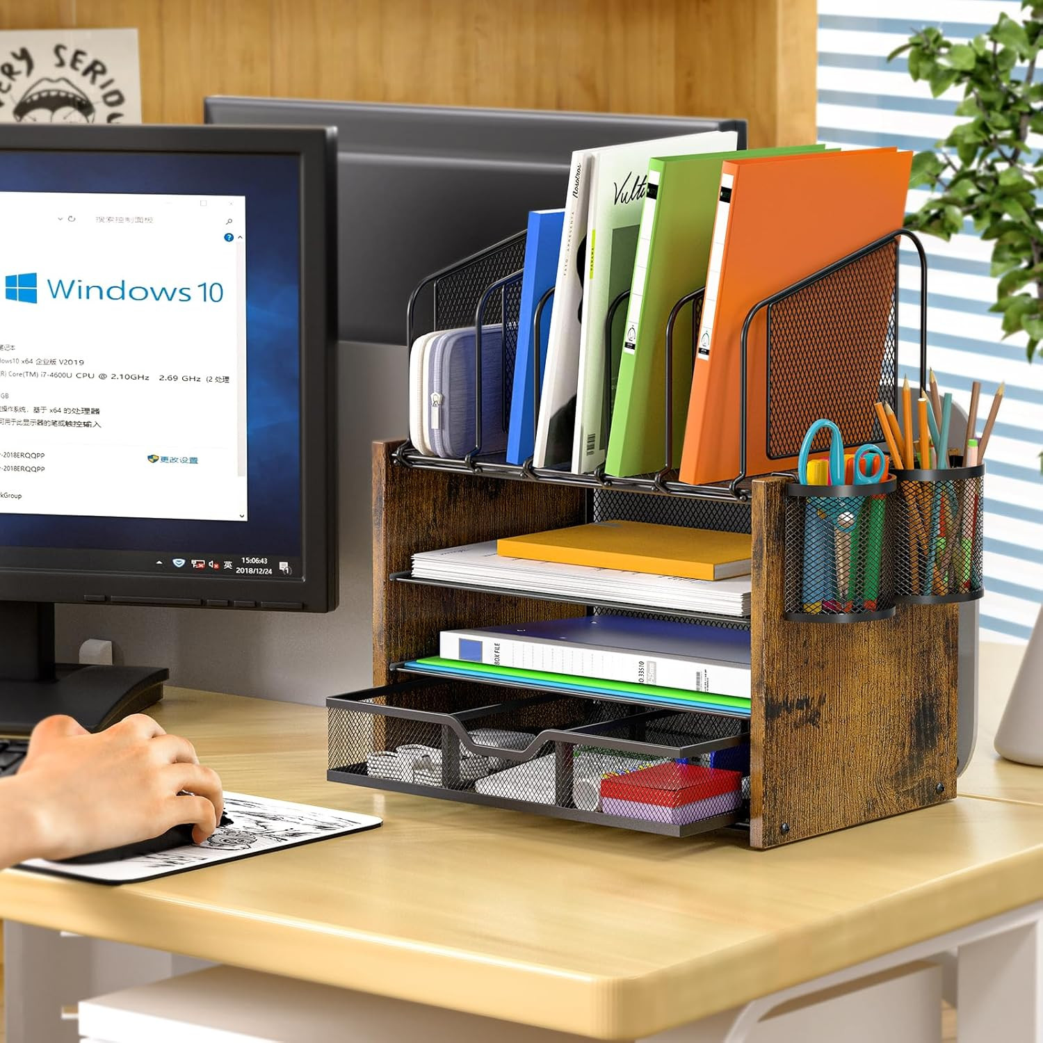 DAOUTIME 4-Tier Mesh Desk Organizer, Wooden Desk File Organizer with 5 Vertical