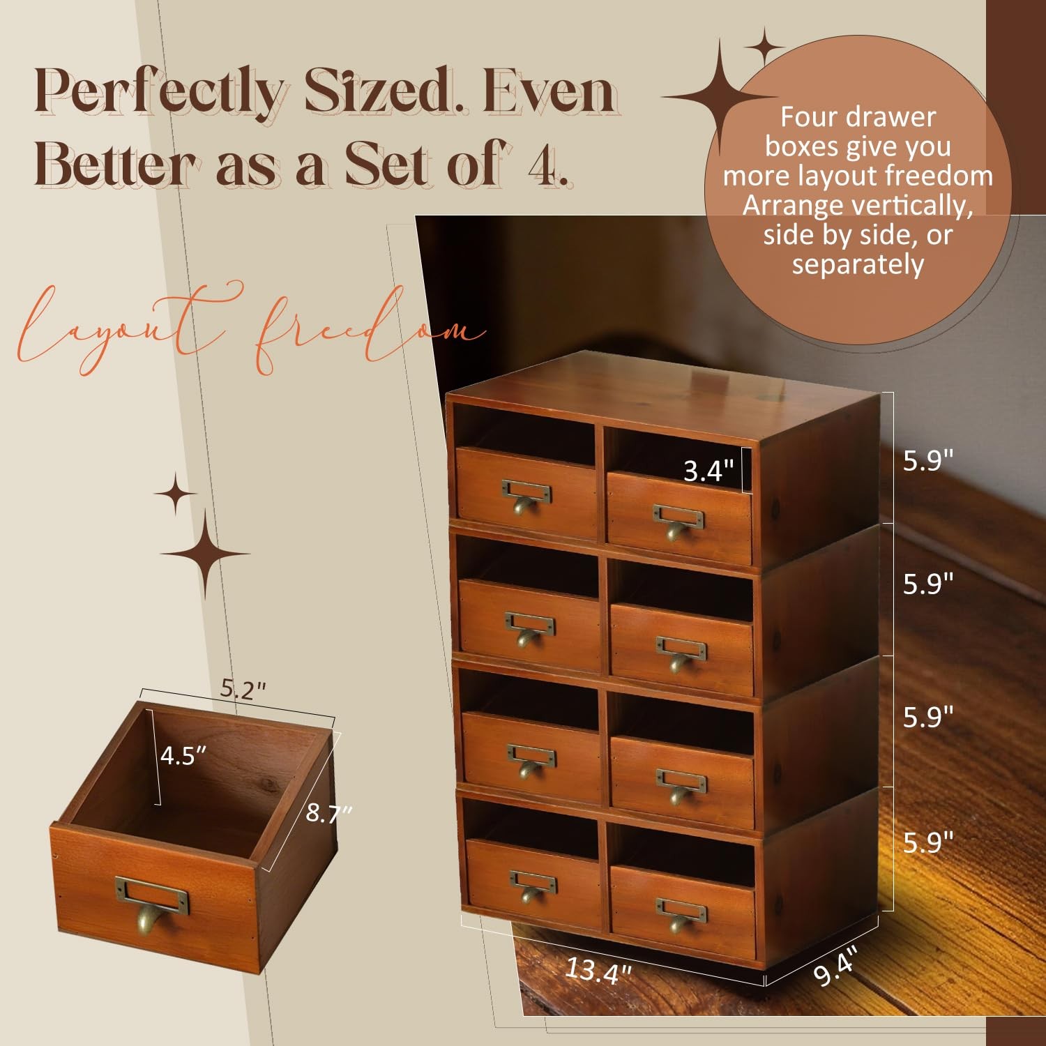 4-Pack Wide Wooden Desktop Drawer Organizer with Brass Label Holders – Horizo…
