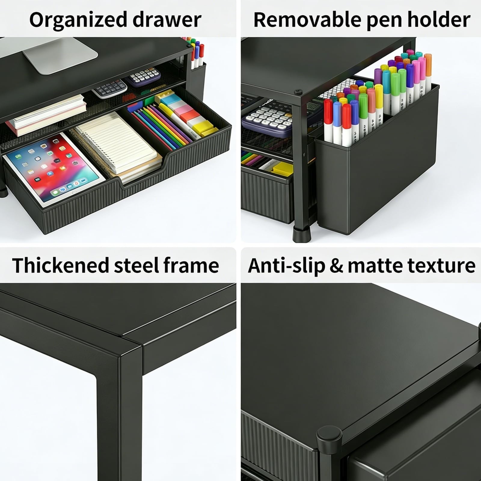 2-Tier Desk Organizer & Monitor Stand with Storage Drawer, Pen Holders – Black