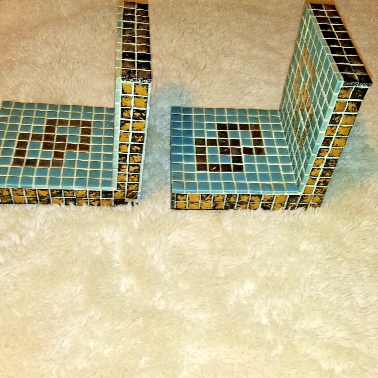 mosaic tile Book Ends robin egg blue and gold Checker decor
