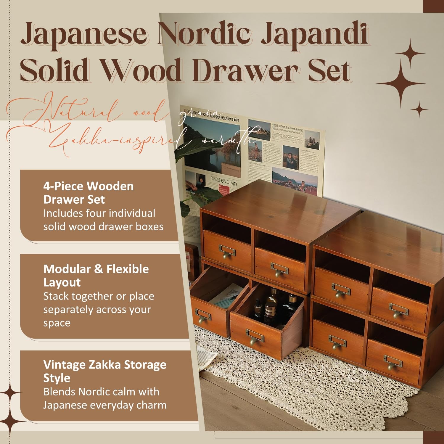 4-Pack Wide Wooden Desktop Drawer Organizer with Brass Label Holders – Horizo…