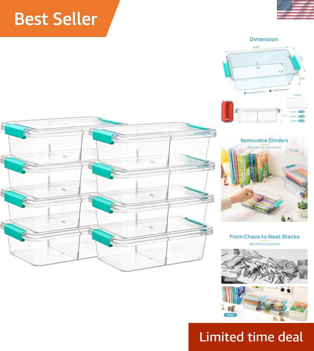 8 Pack 1.5Qt Clear Pencil Box with Removable Divider, Plastic Pencil Case Cra…