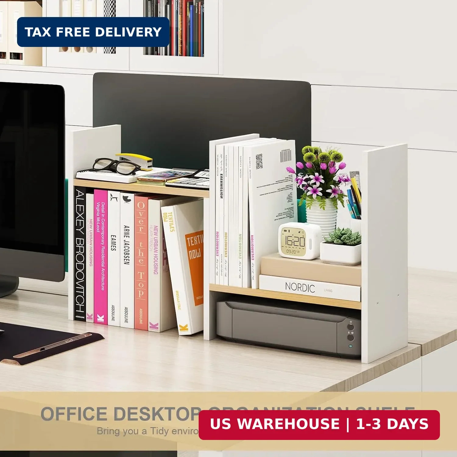 White Desk Organizers and Storage Small Desktop Bookshelf Length Expandable Desk