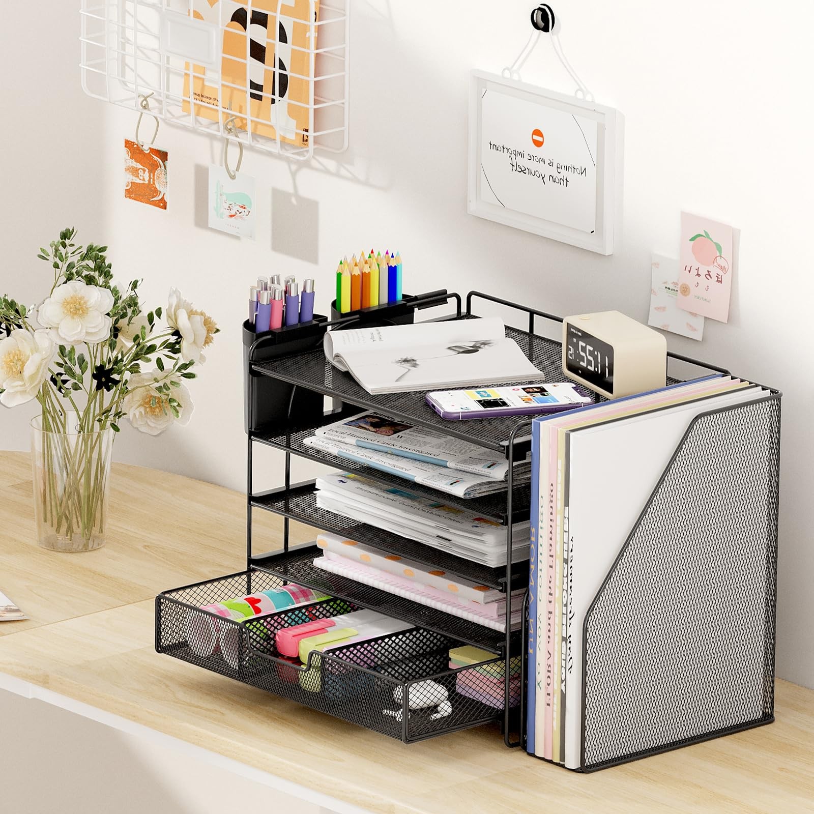 Desk Organizer, 5-Tier Desktop File Organizer with Drawer and Pen Holders, Of…