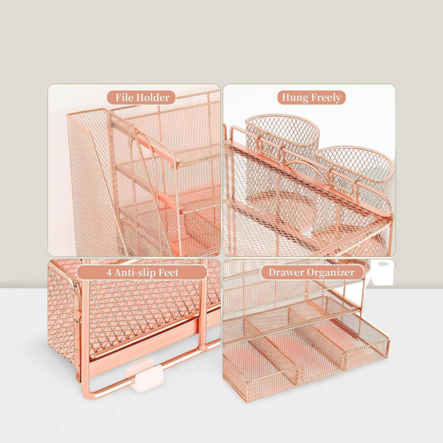 4-Tier Paper Letter Tray Organizer with File Holder Pen Holder Rose Gold