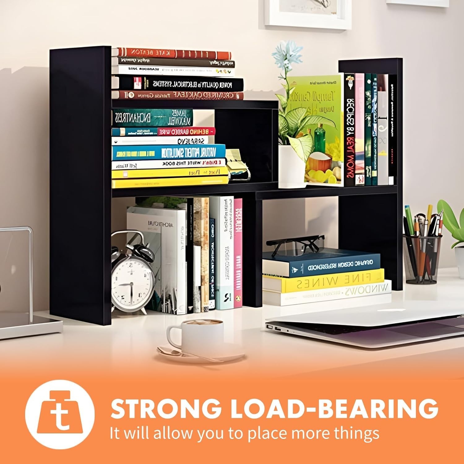Adjustable Wood Desktop Organizer Shelf Rack for Office Home Black Walnut
