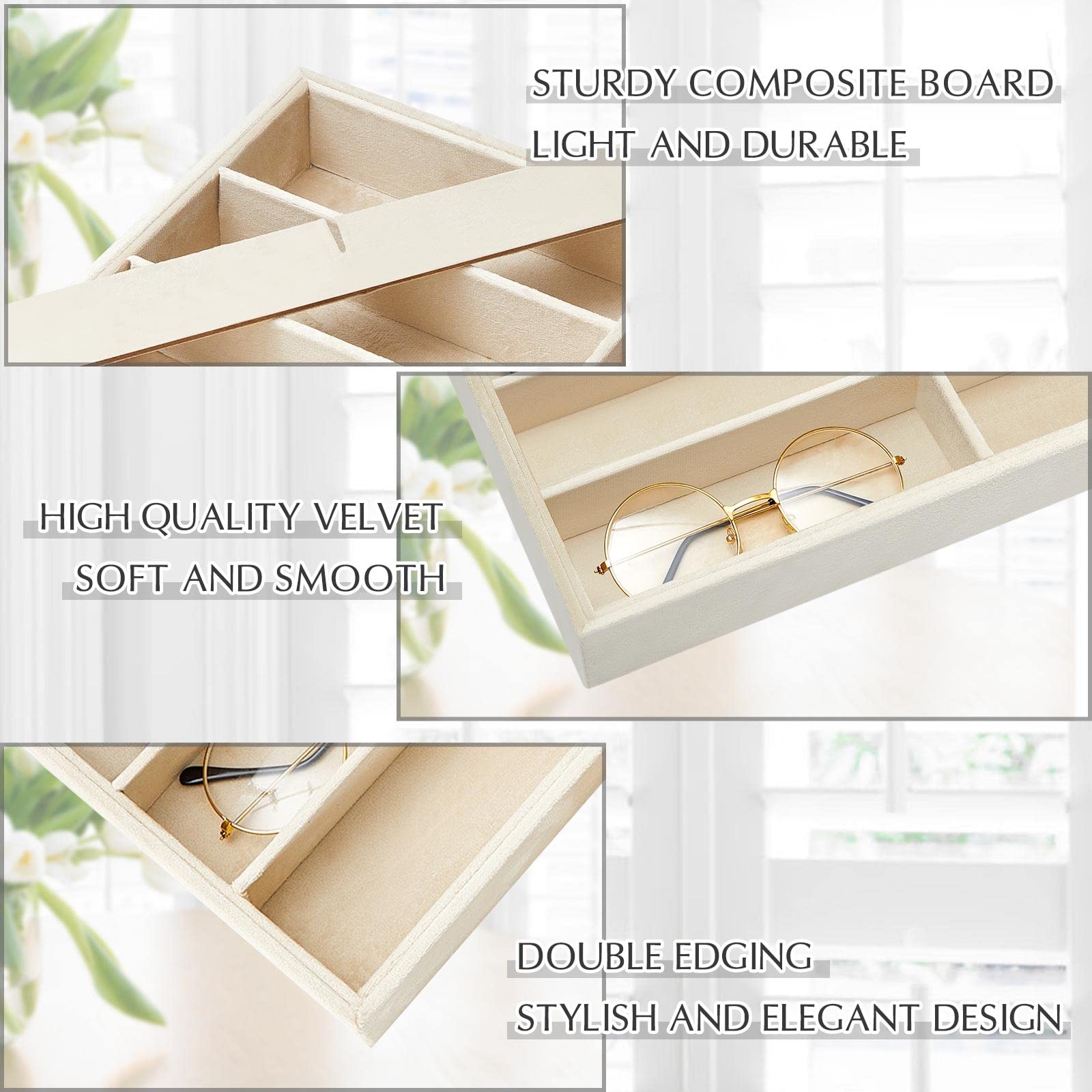 Amylove 4 Pcs Beige Sunglass Organizer Trays 8 Grids Velvet 8 Grids,