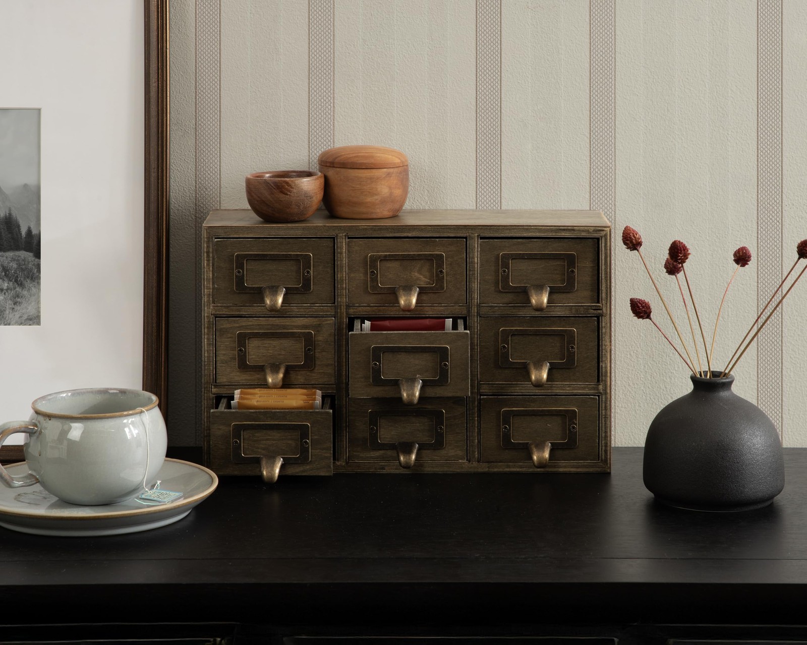 Apothecary Wood Desk Drawer Set, 9 Drawers, Rustic Brown