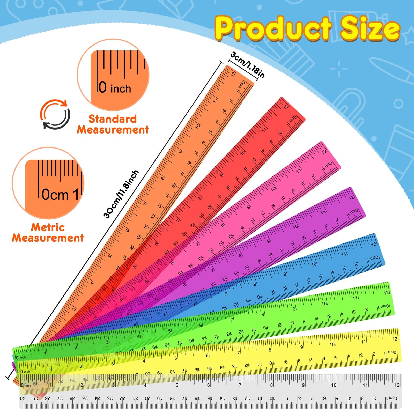 32 Pcs Clear Plastic Ruler 12 Inch, Rulers Bulk for Classroom, Multicolor