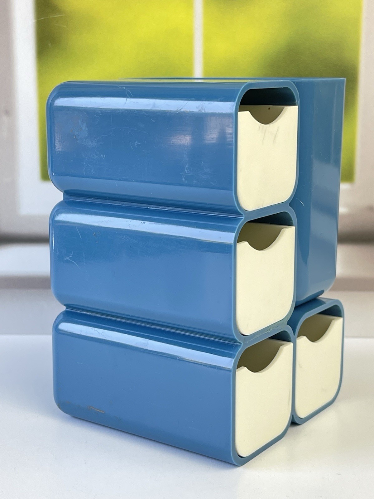 Vintage Mid Century Modern Blue Plastic Mini Drawer Storage Caddy Desk Organizer