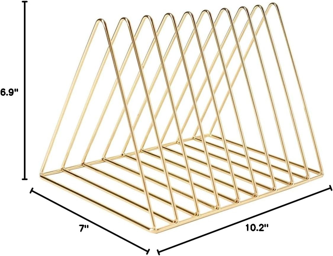 9 Slot Gold Magazine Holder,Desktop File Sorter Organizer Triangle Bookshelf Dec