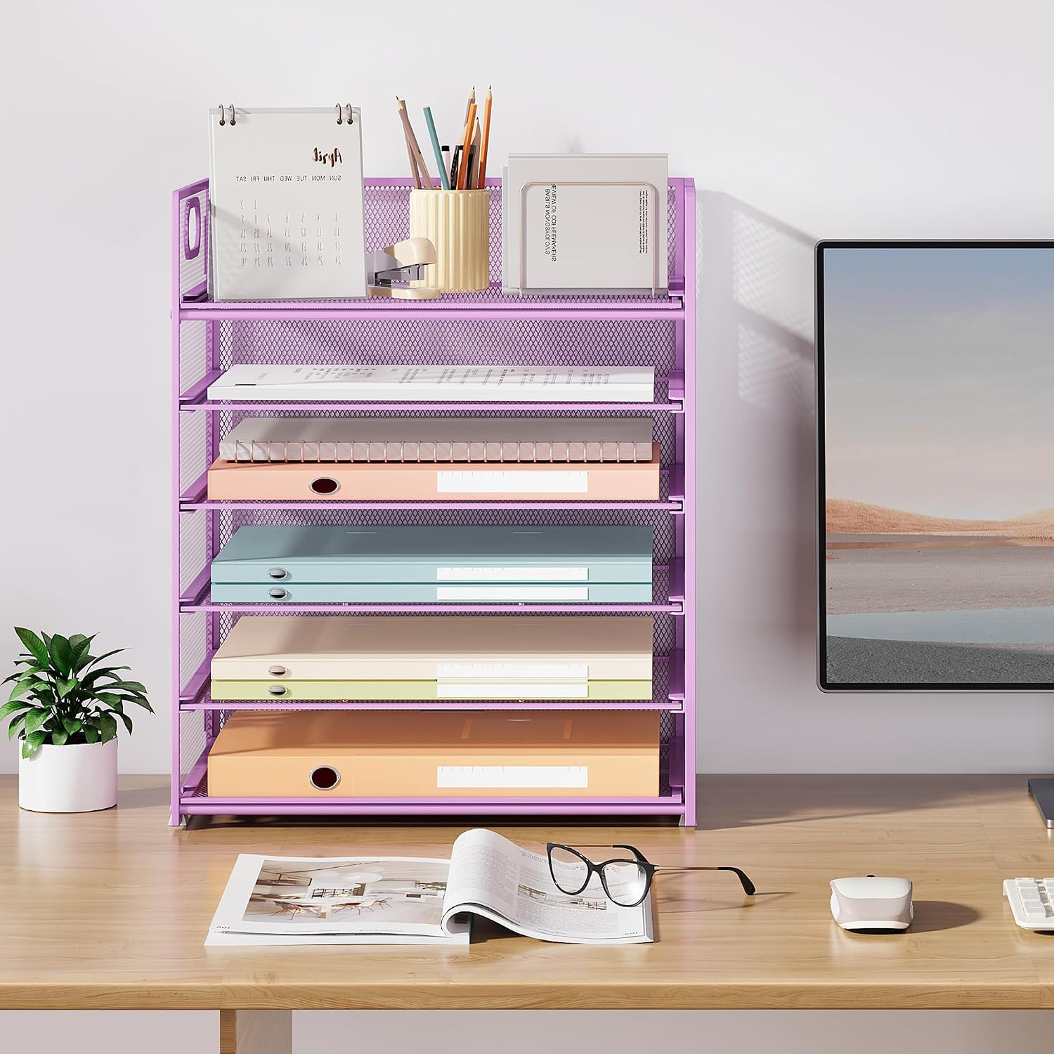 6 Tier Paper File Tray Organizer for Desk, Purple Mesh Desk Letter Paper File Fo