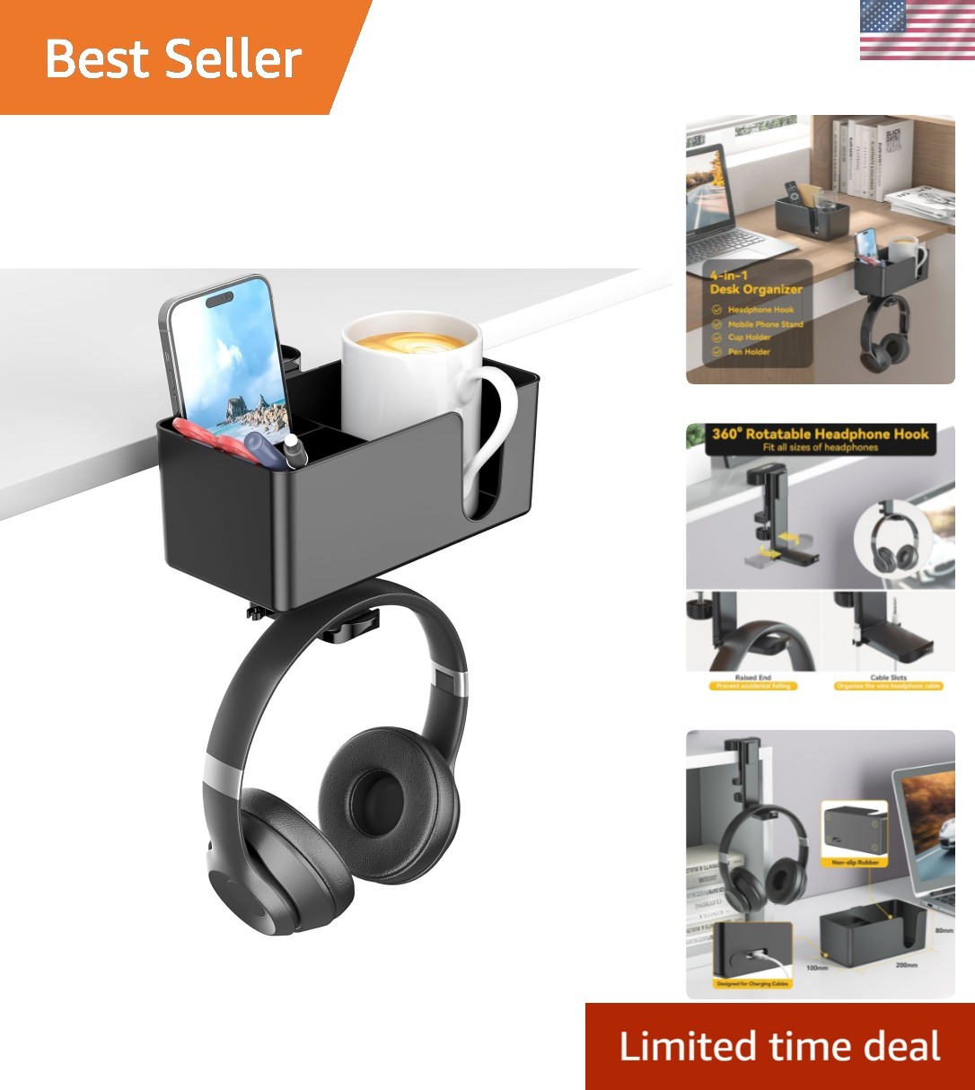 4 in 1 Desk Cup Holder – Clamp on Under Desk Headphone Hanger – Rotating Head…