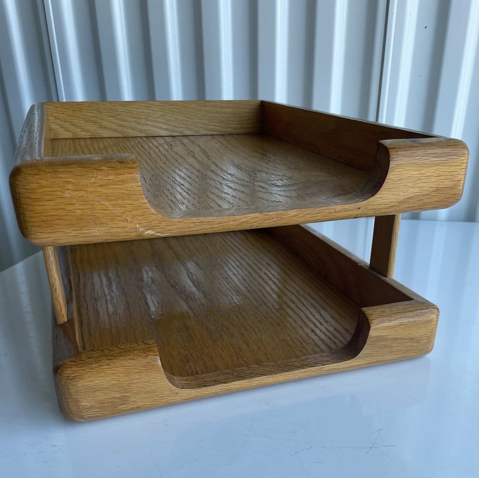 Vintage Oak Letter In/Out Box Desk Accessory MCM Office Gear