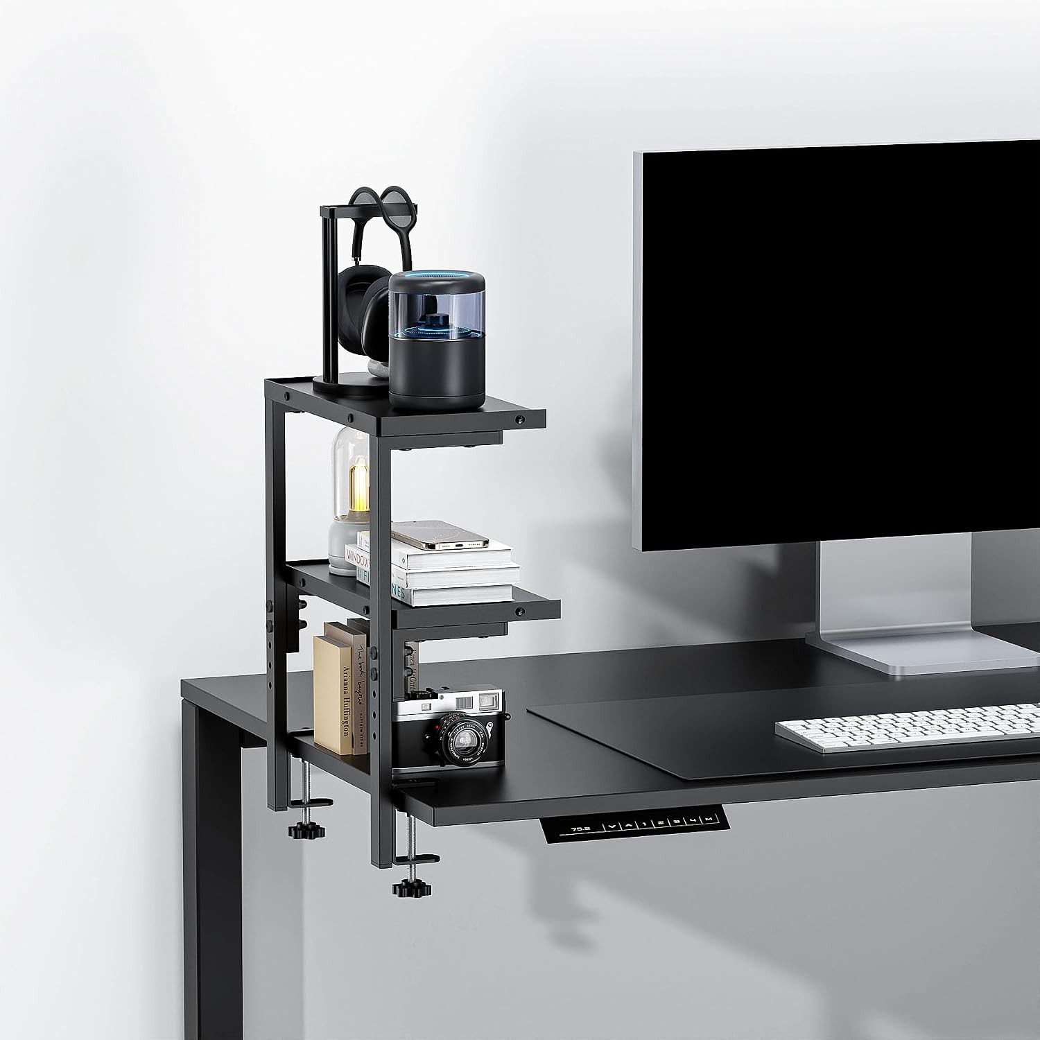 Clamp On Desk Shelf 2-Tier Office Organizer Wood Desktop Storage Rack