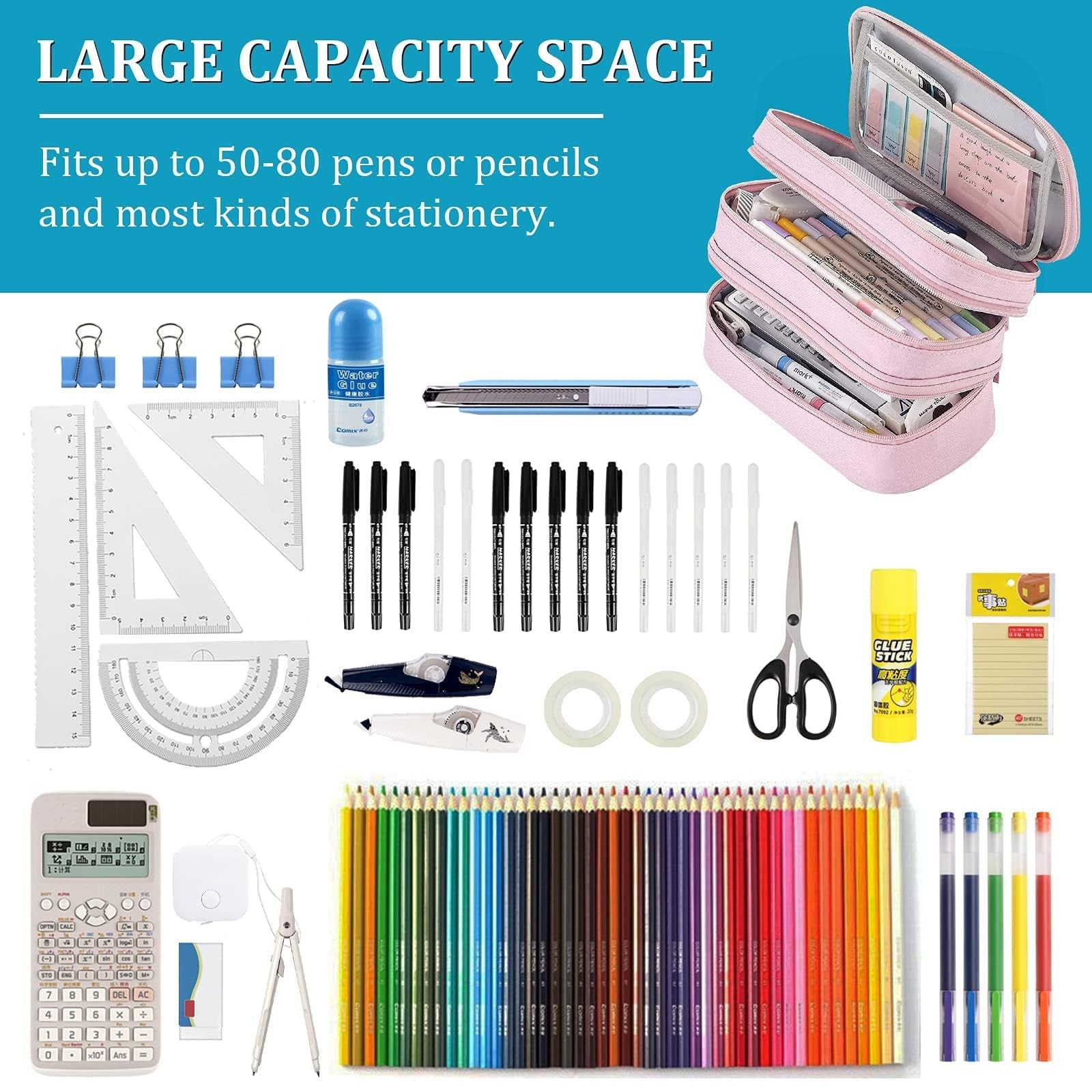 SYCYKA Large Capacity Canvas Pencil Case With 3 Compartments Dark Blue