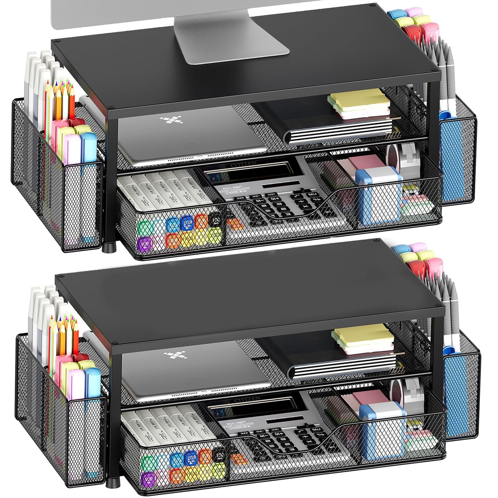 2-Tier Desk Organizer & Monitor Stand Riser with Drawer, 2 Pen Holders, Black