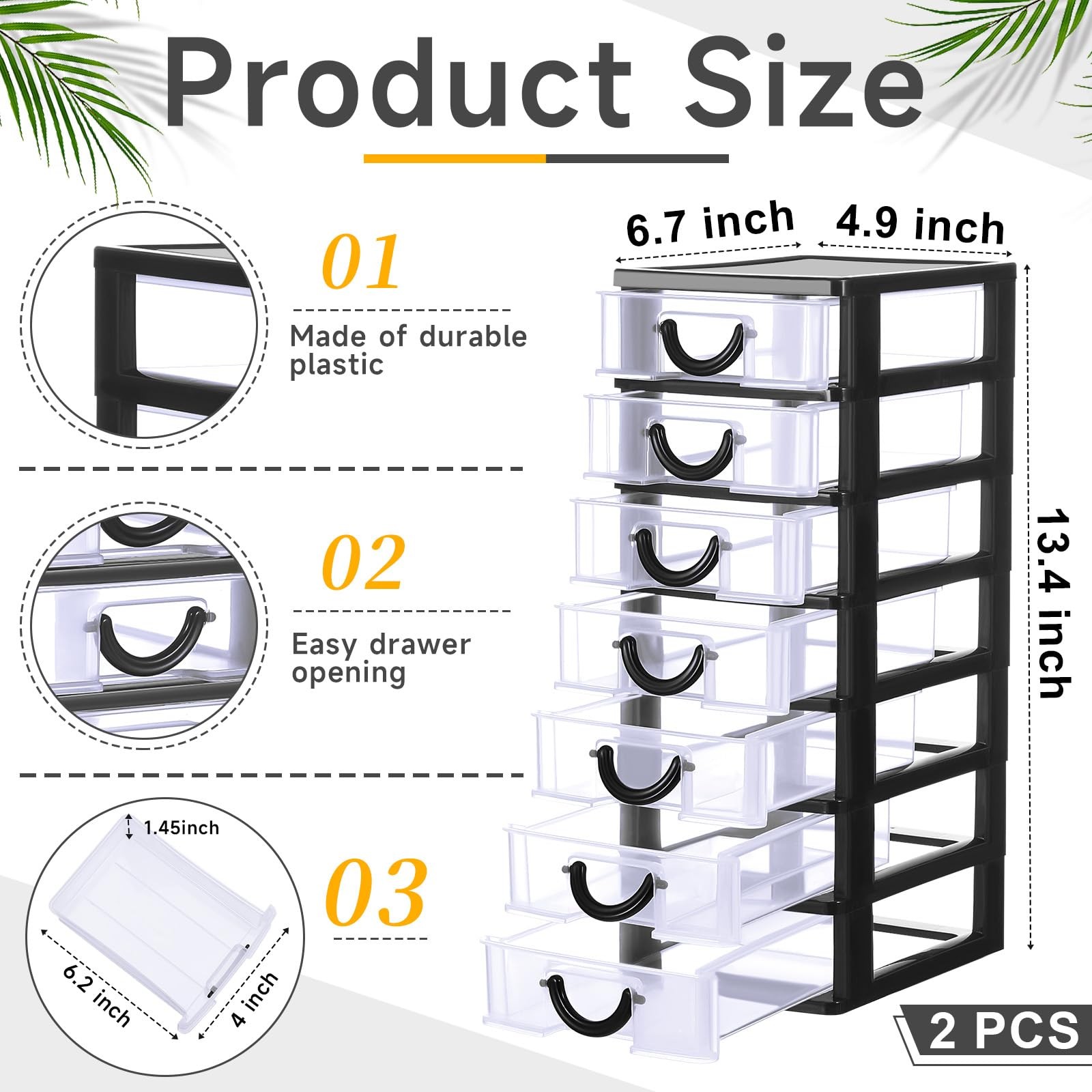Plastic Drawers Organizer 2 PCS Mini Stackable Clear Black 6.7×4.9×13.4 In