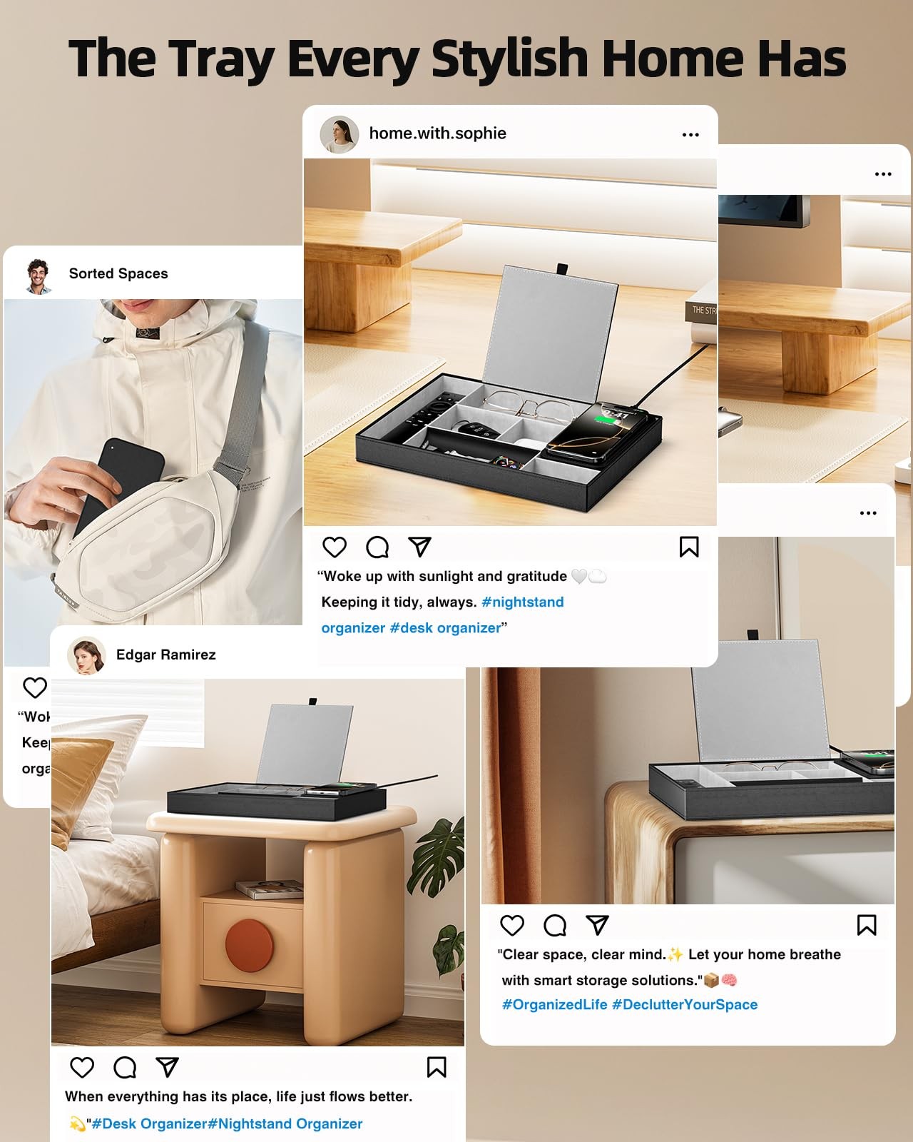 Valet Tray with Wireless Charger, Nightstand Organizer, Leather Desk Drawer O…