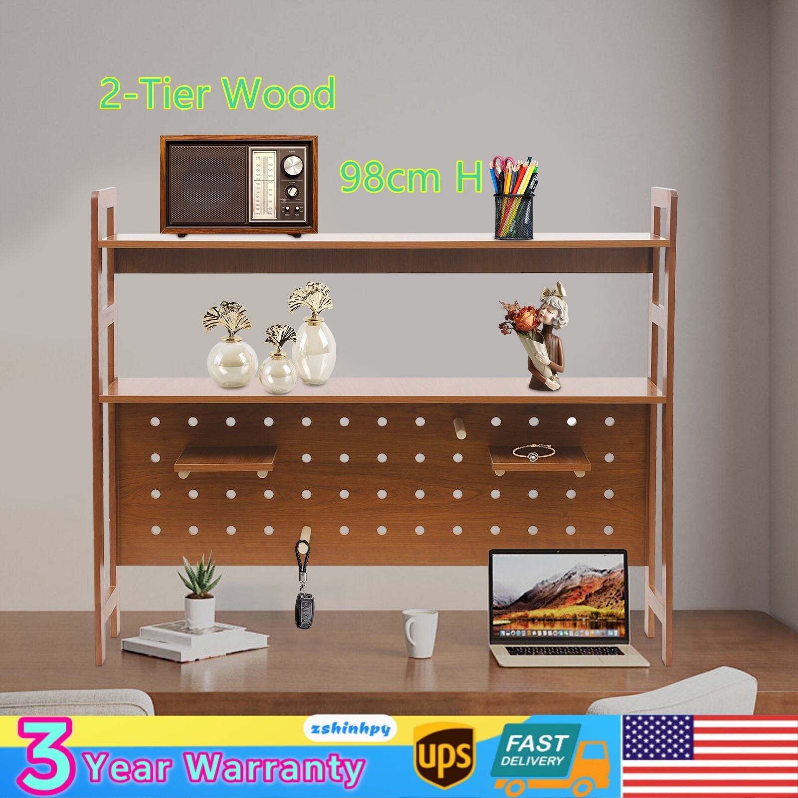 2-Tier Wood Desktop Bookshelf Rust-resistant Desk Organizer 98cm H Office Shelf