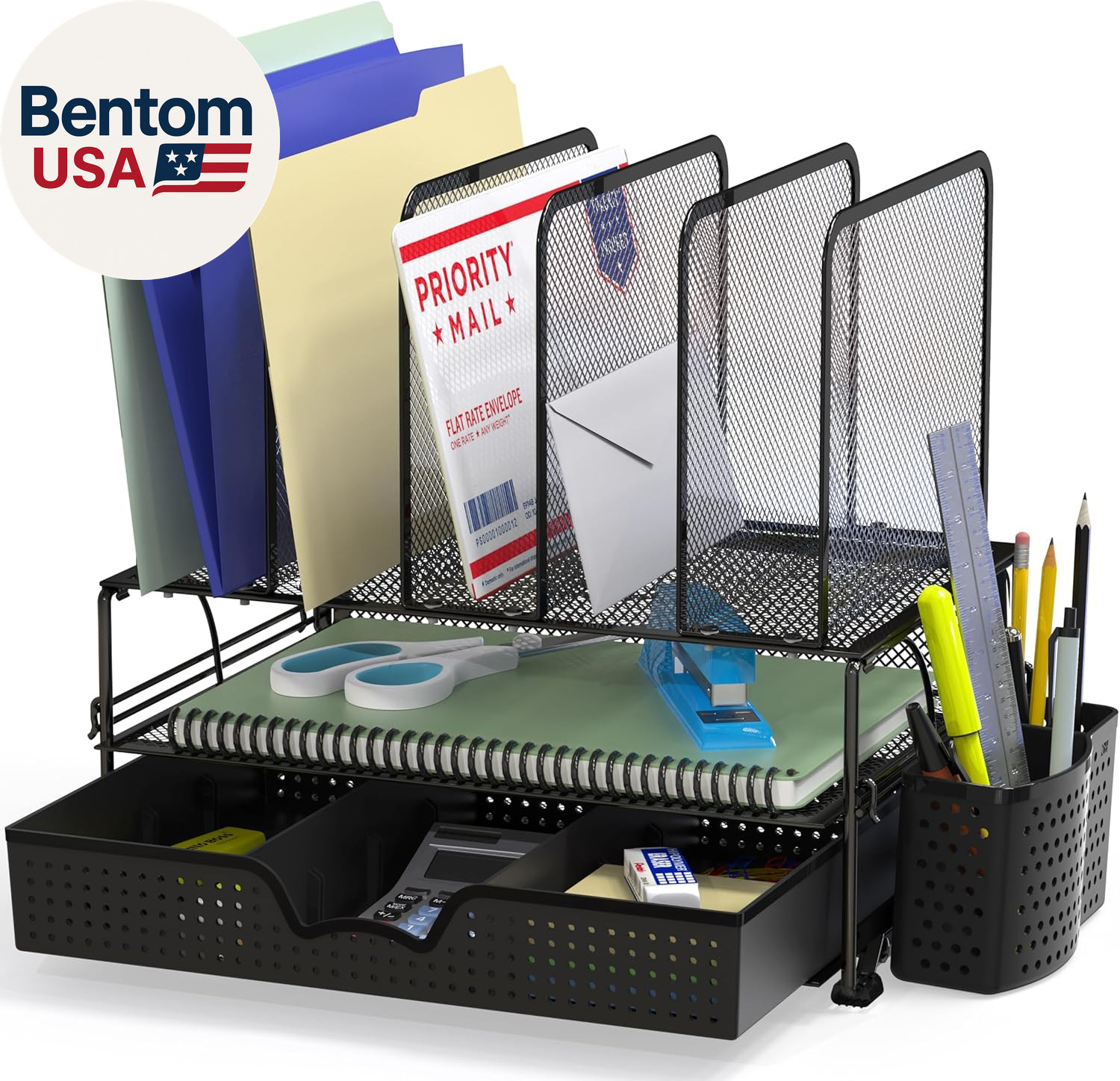 Mesh Desk Organizer with Sliding Drawer, Double Tray and 5 Upright Sections, Bla