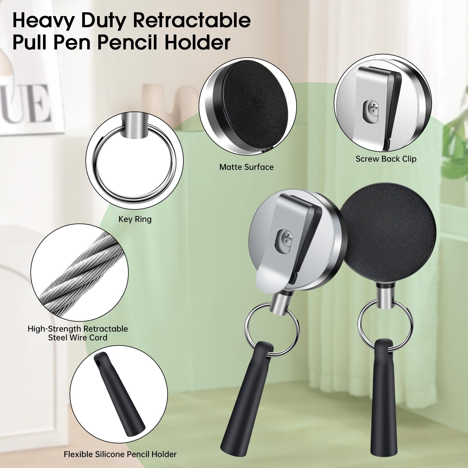 2 Pack Heavy Duty Silicone Retractable Pull Pen Pencil Holder with Steel Cord