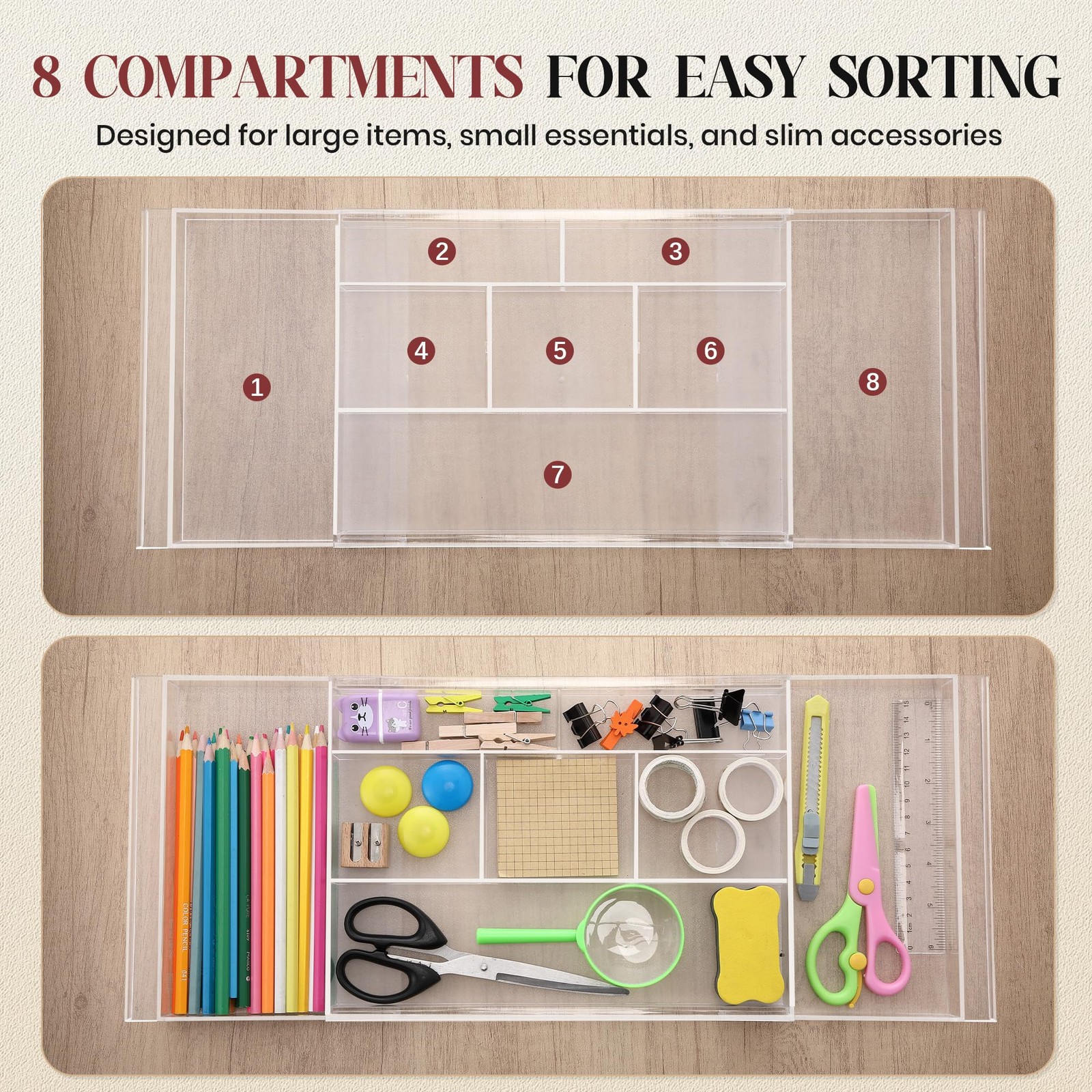 Dunkive 2pack Shallow Expandable Drawer Organizer, Adjustable Transparent