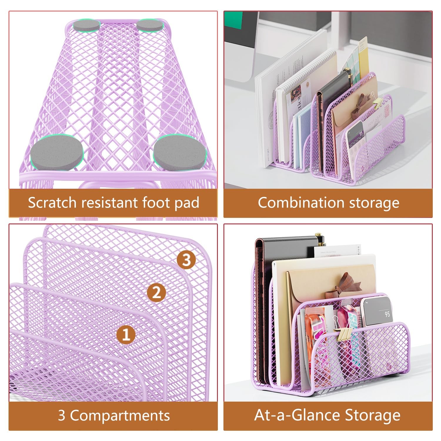 gianotter Mail Organizer Countertop, Metal File Holder with 3-Slot, Purple