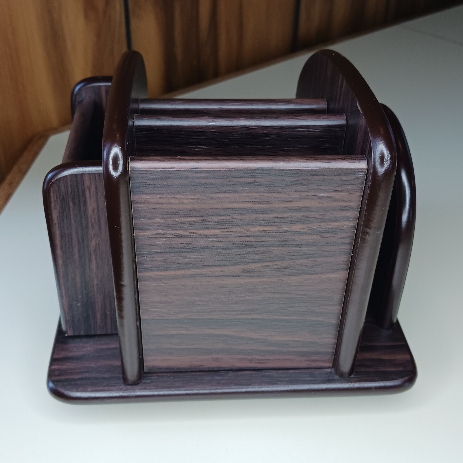 Rotating Desk Organizer Wood Finish Brown Storage Rack Pencil Pen Holder