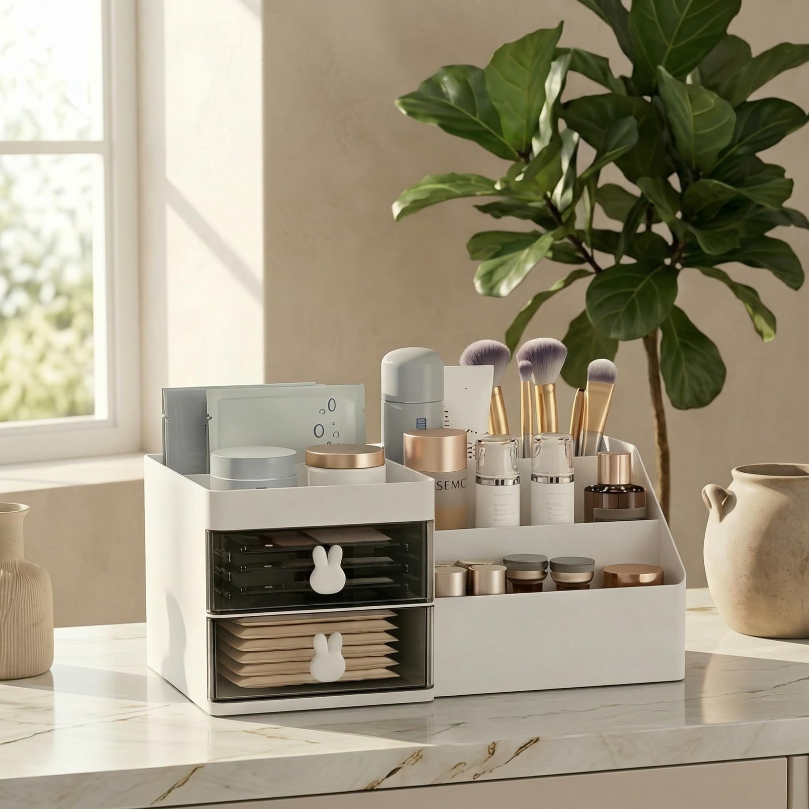 Makeup Organizer With 2 Drawers, Countertop For Vanity, White