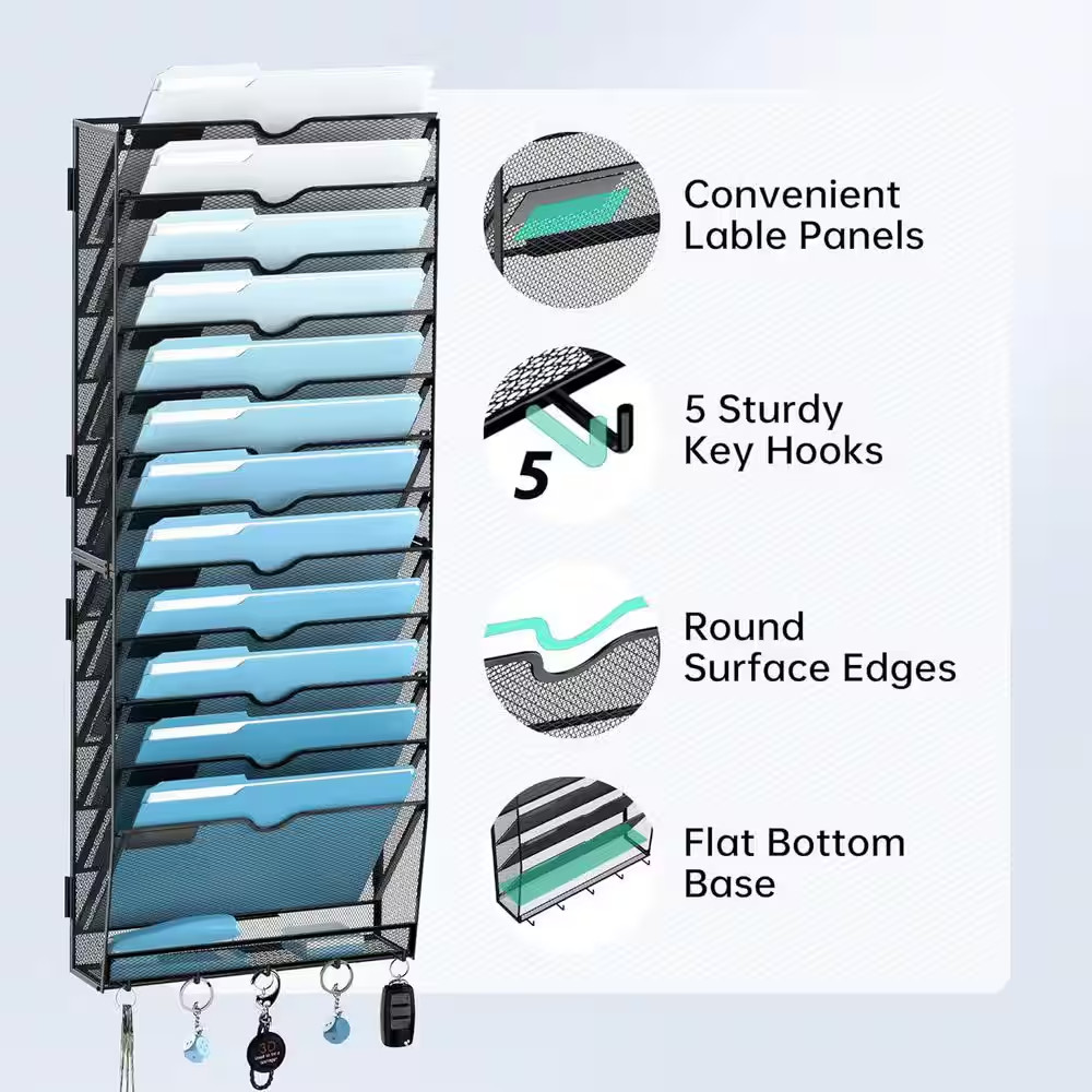 12.6 In.W X 30.1 In. H Black Metal 13 Tier Wall File Organizer, Wall Organizer M
