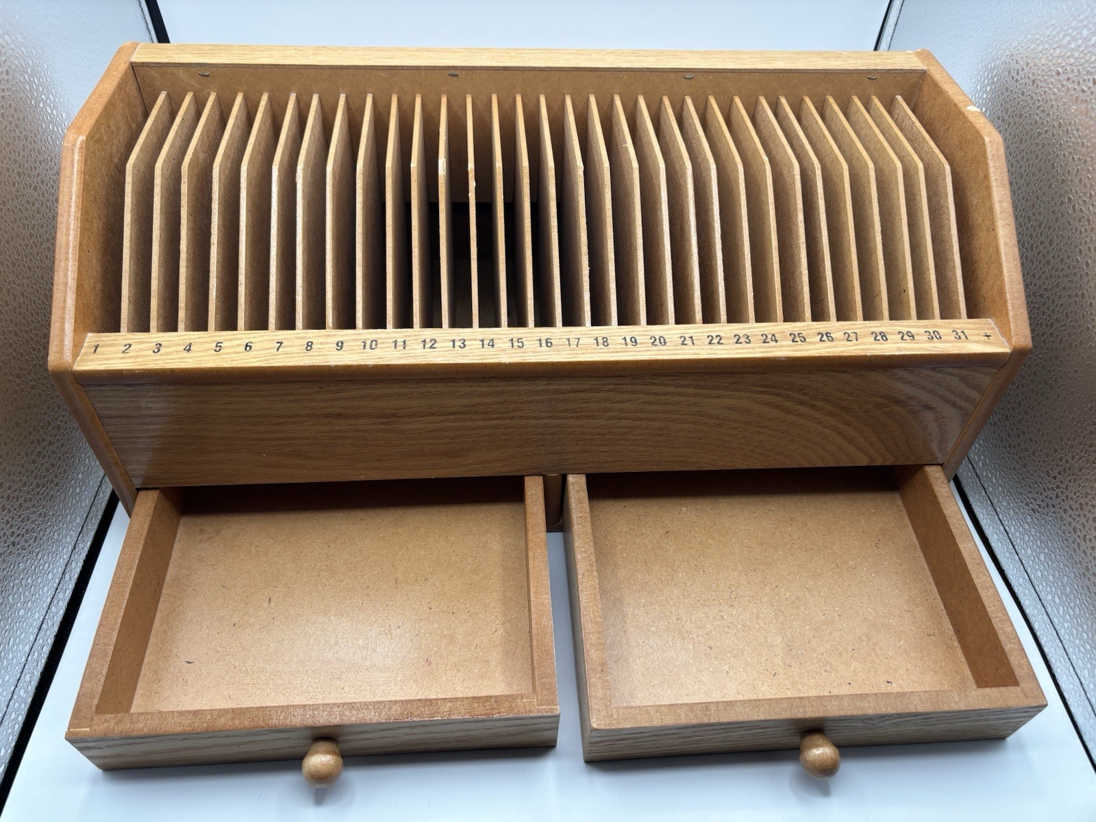 Vintage Oak Mail Sorter, Divided Organizer, Two Shallow Drawers, Storage