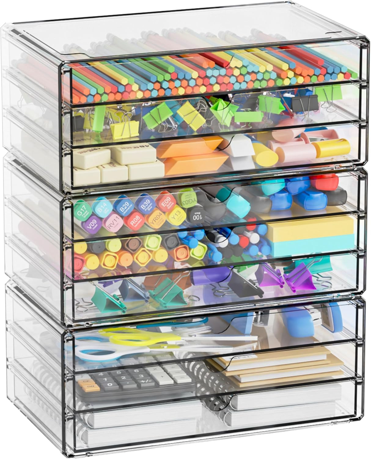 11.1 Inch Long Clear Drawer Organizers Stackable,3 Pack Small Acrylic Drawers,Sc