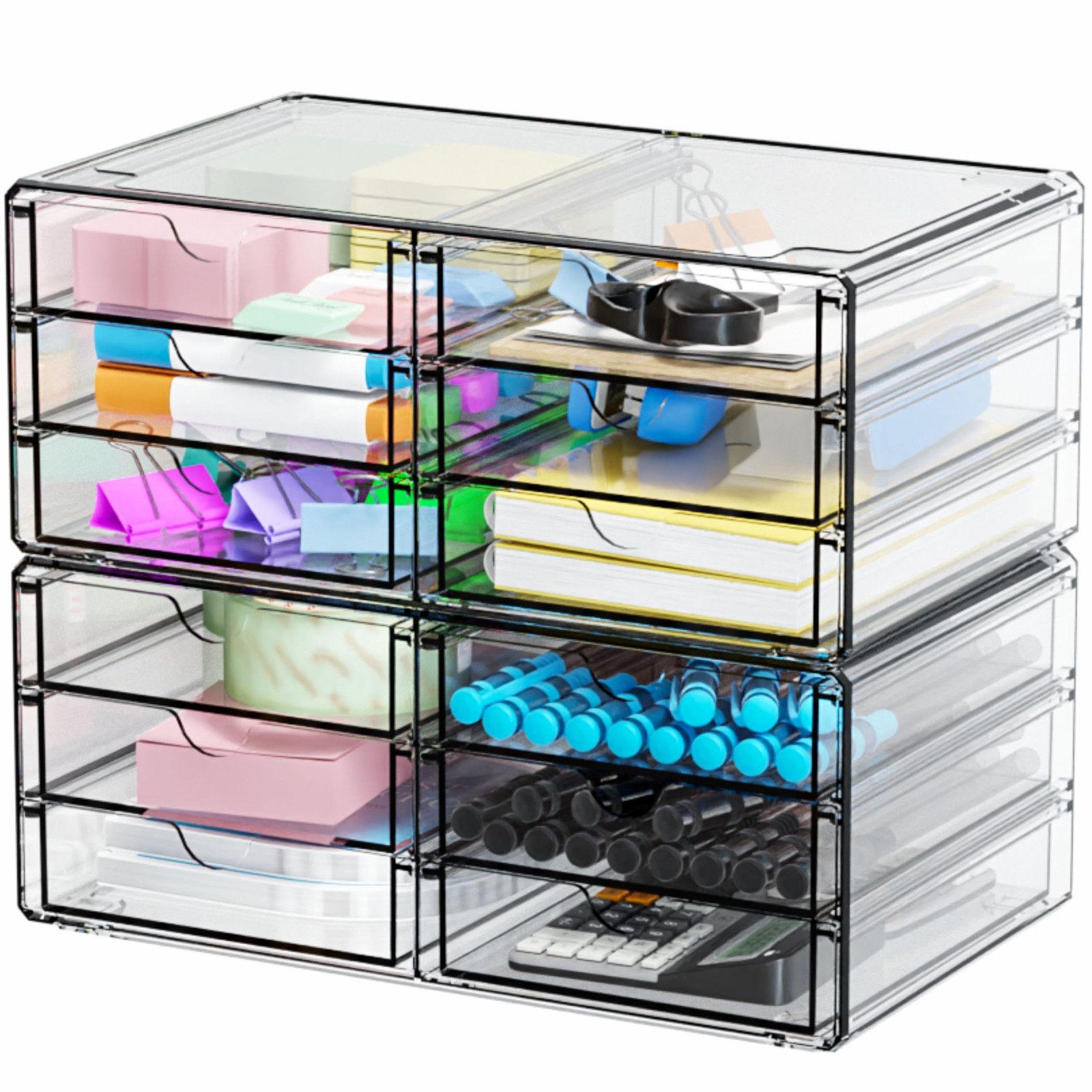 2 Pack Acrylic Stackable Storage Drawers, 12~Drawer Organizer, Clear