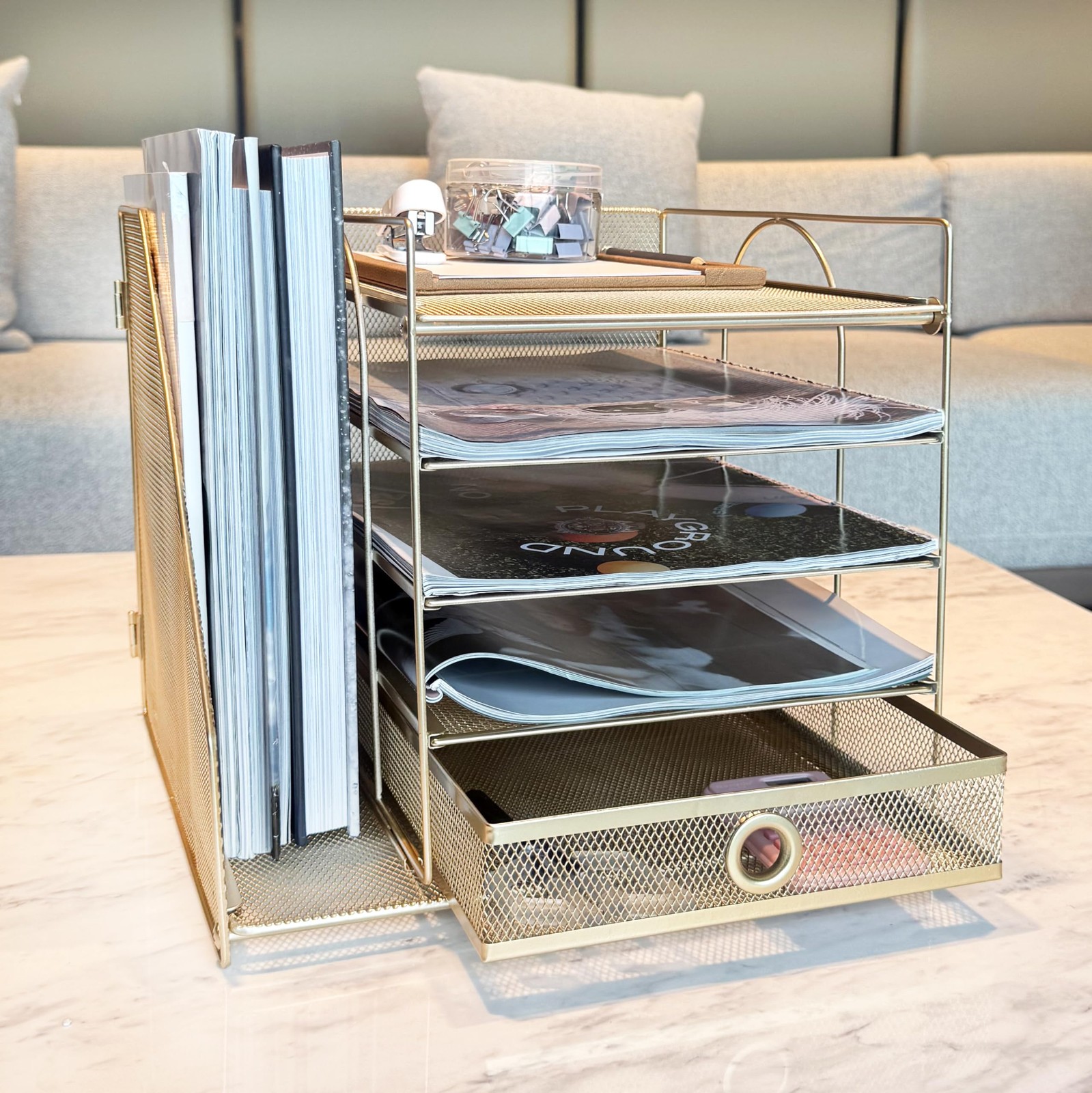 5-Tier Paper Letter Organizer with File Holder, 12″ x 11″ x 11.8″, Golden