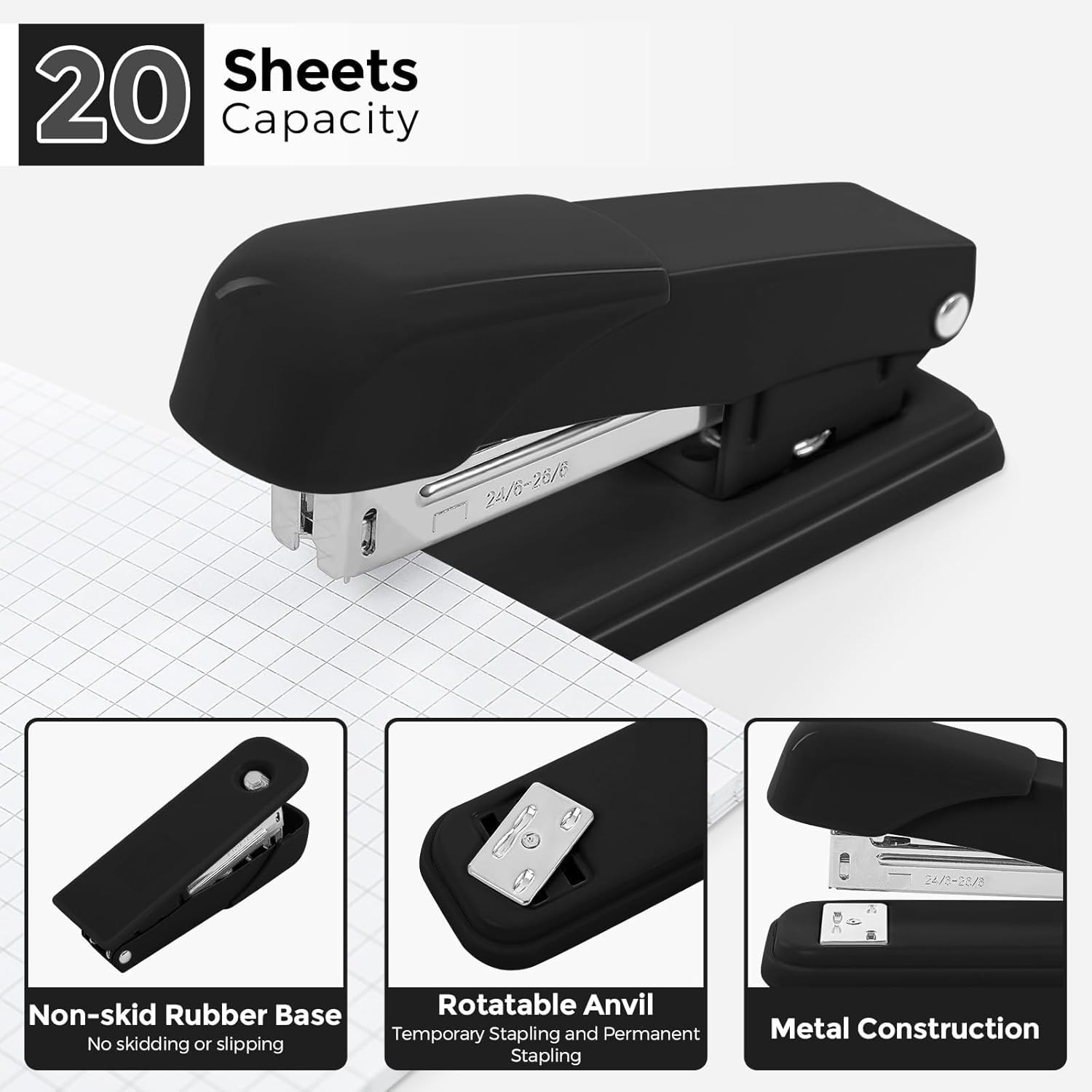 SKYDUE Black Office Supplies Set, Black Desk Accessories, Stapler, Tape Dispense