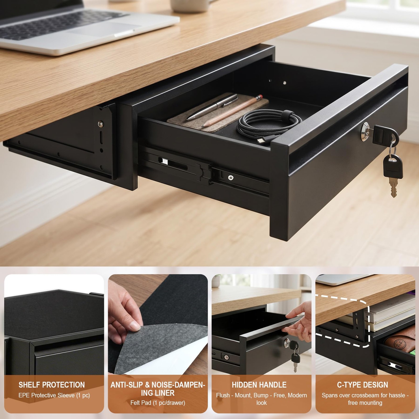 16in Under Desk Drawer with Lock Pull Out Storage Organizer