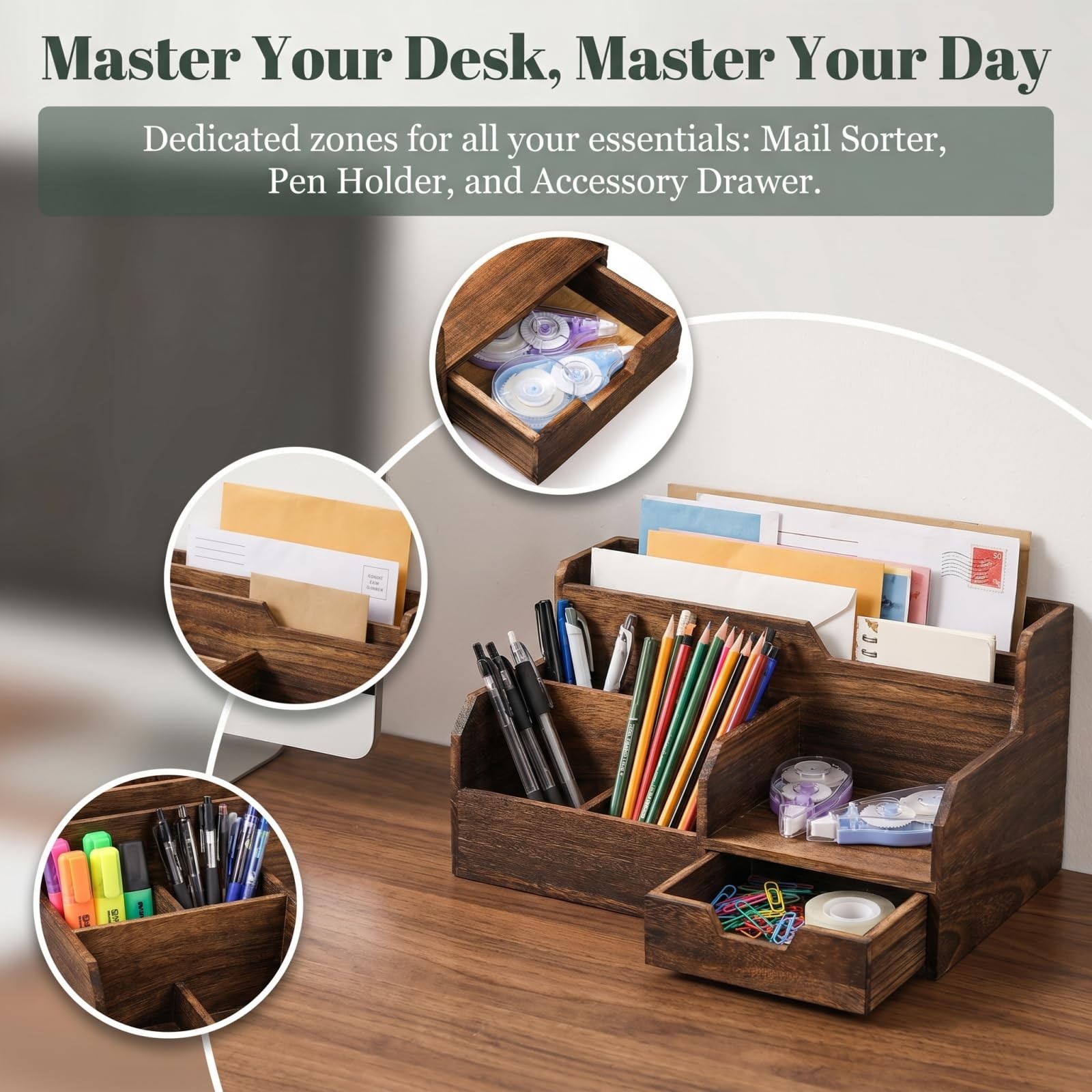 Pumtus Brown Wooden Desk Organizer, Mail Organizer with 7 Compartments