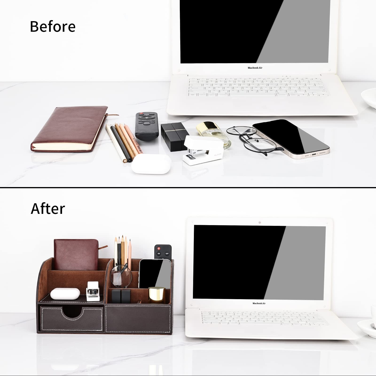 KINGFOM Pu Leather Desk Organizer Pen Pencil Holder Office Supplies Brown