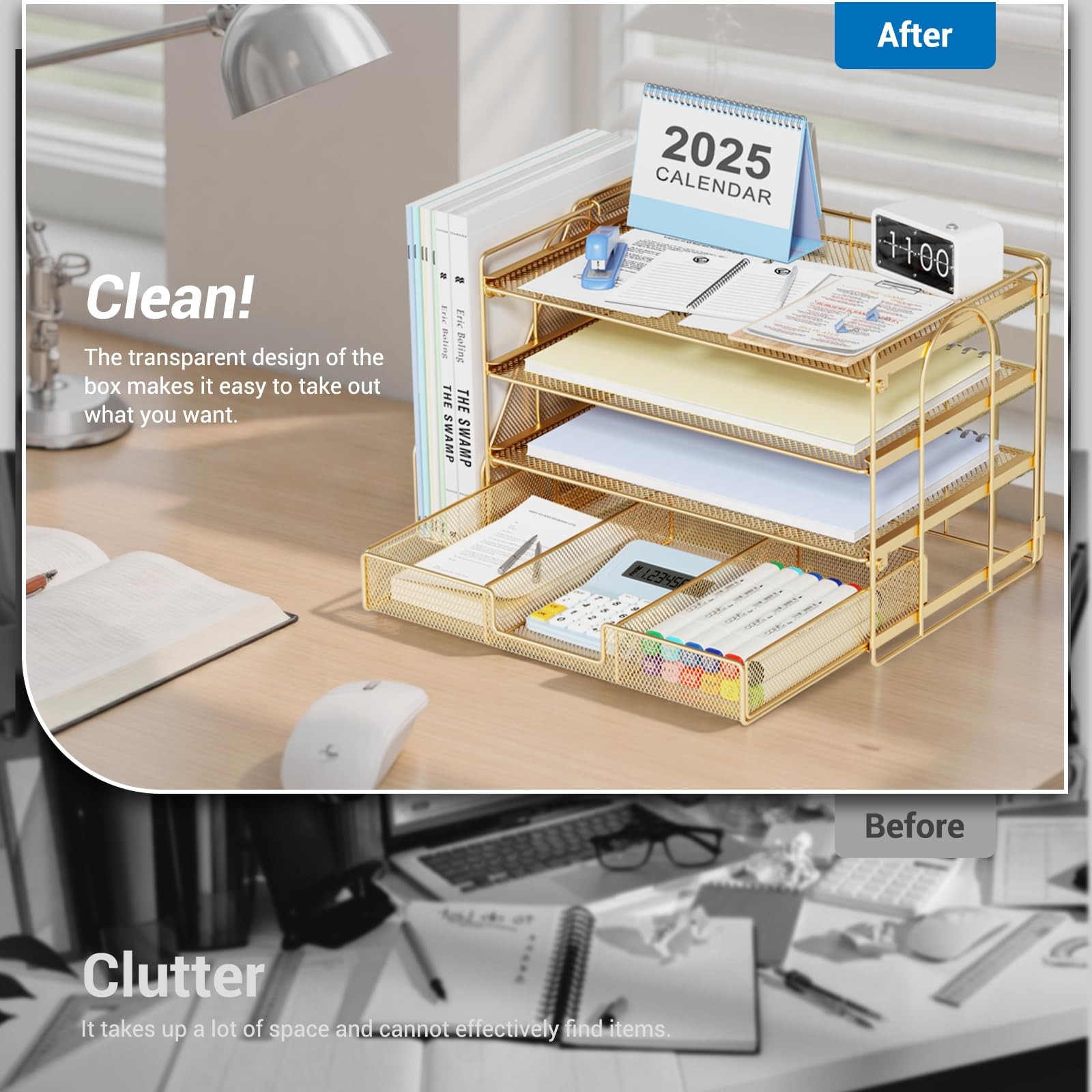 OPNICE File Desk Organizers and Accessories – Paper Letter Tray Medium, Gold