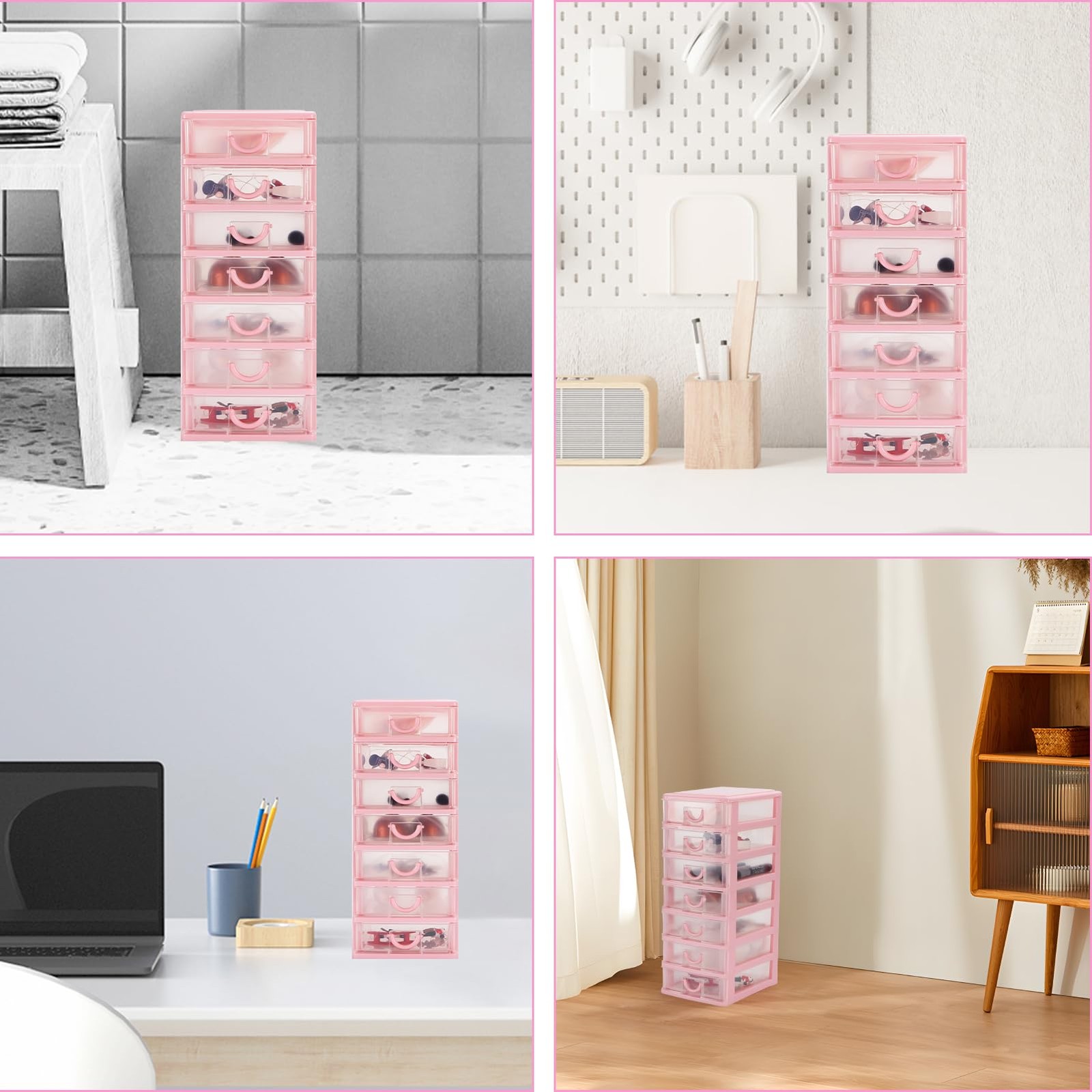 Rempry Mini Plastic Organizer with 7 Clear Drawers, 7.1″x5.1″x13.2″ Pink
