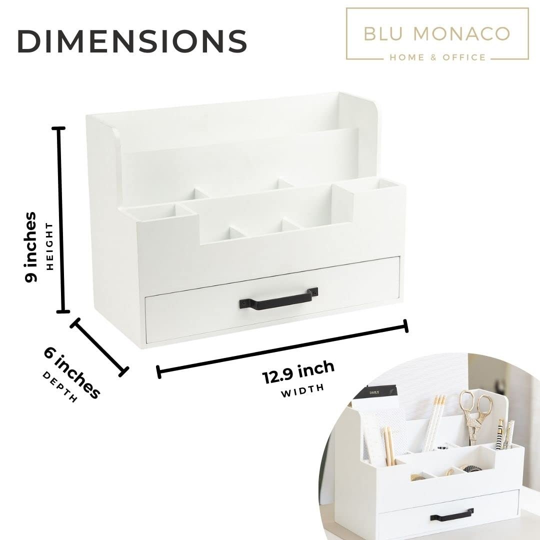 BLU MONACO White Wooden Desk Organizer With Drawer | Desktop Storage With Dra…