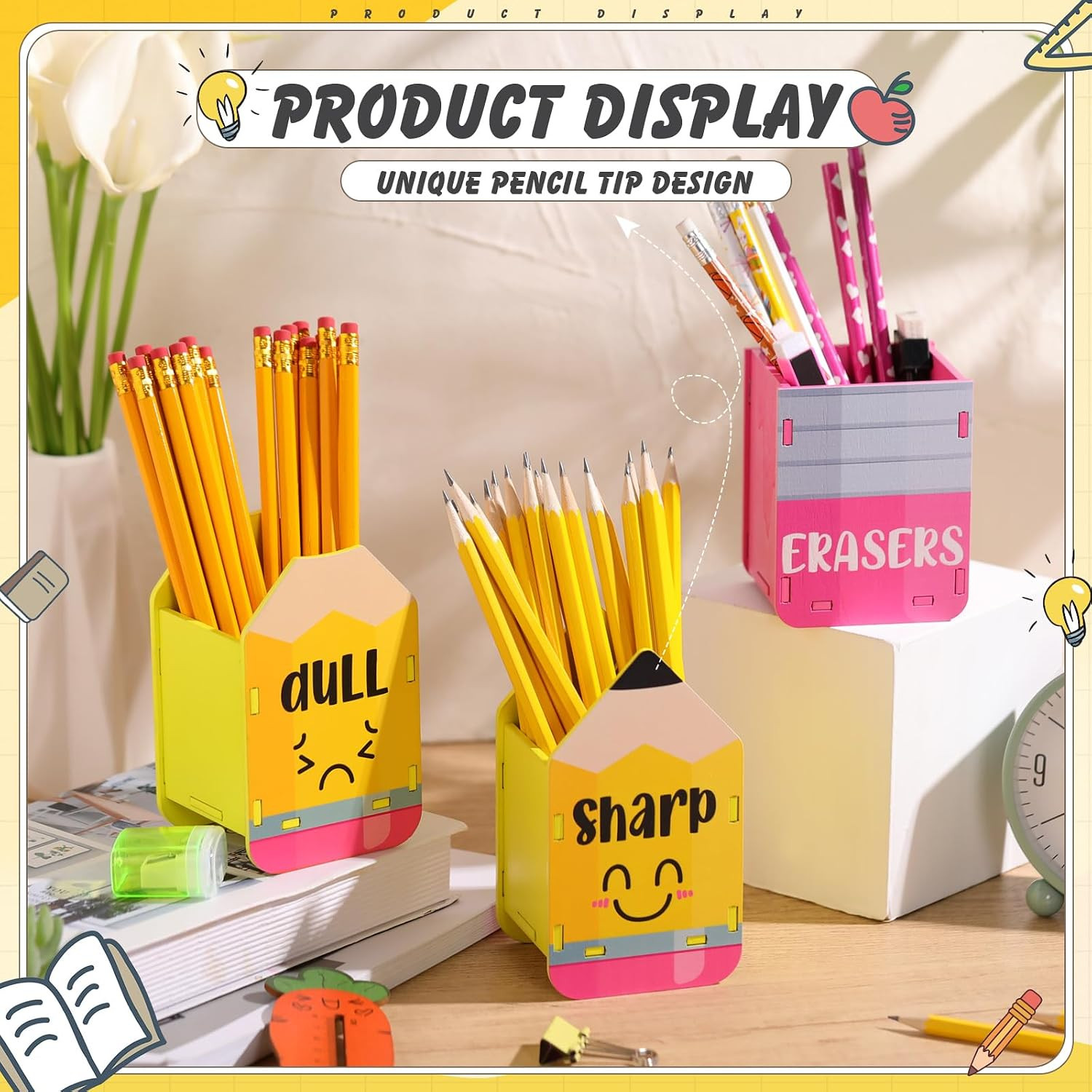 3 Pcs Sharp and Dull Pencil Holder Eraser Buckets Wooden Shaped Dispenser for Ba